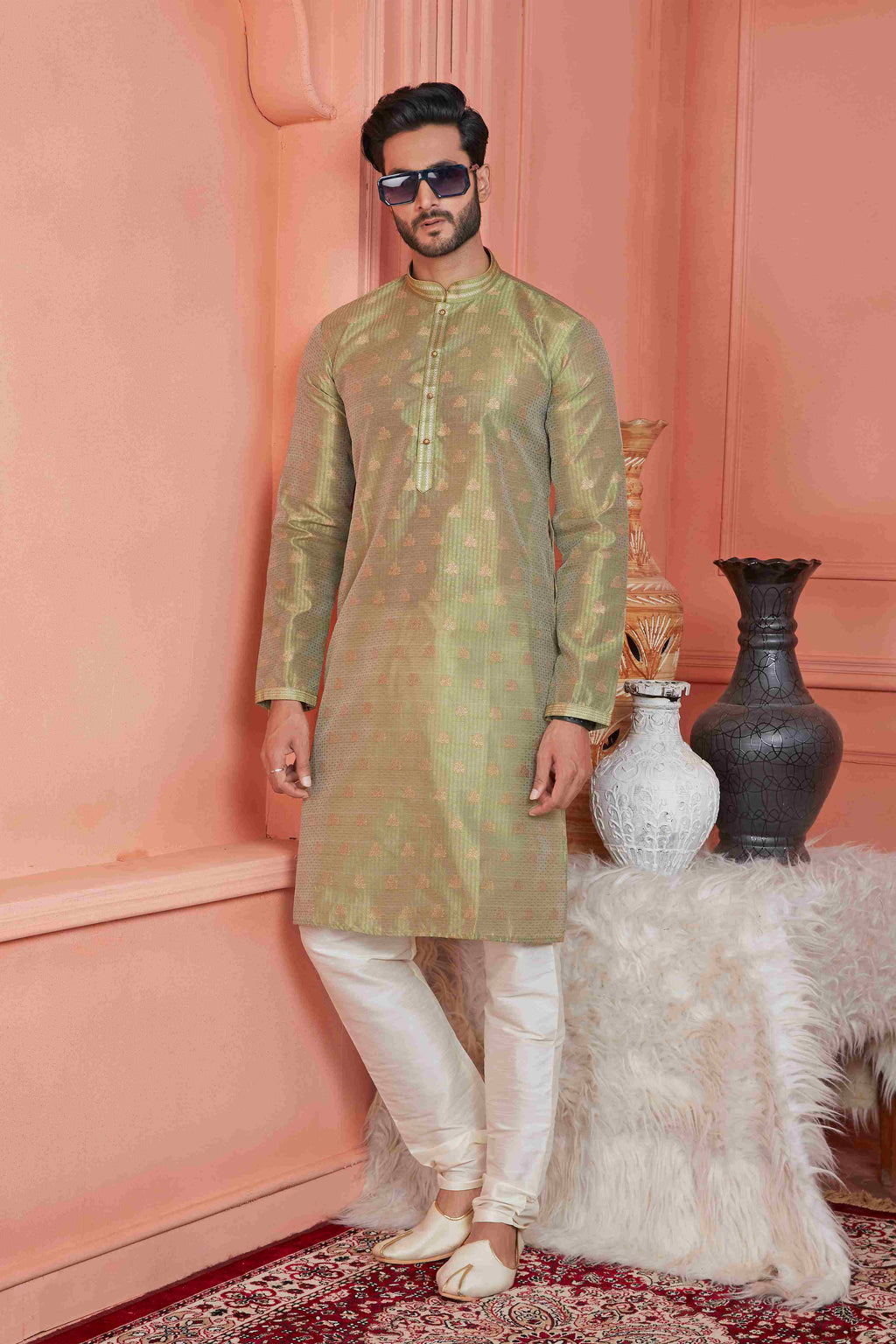 Raivat Ethnic Jacquard Banarasi Silk Pintux Work Kurta Pajama In Green Colour - Distacart