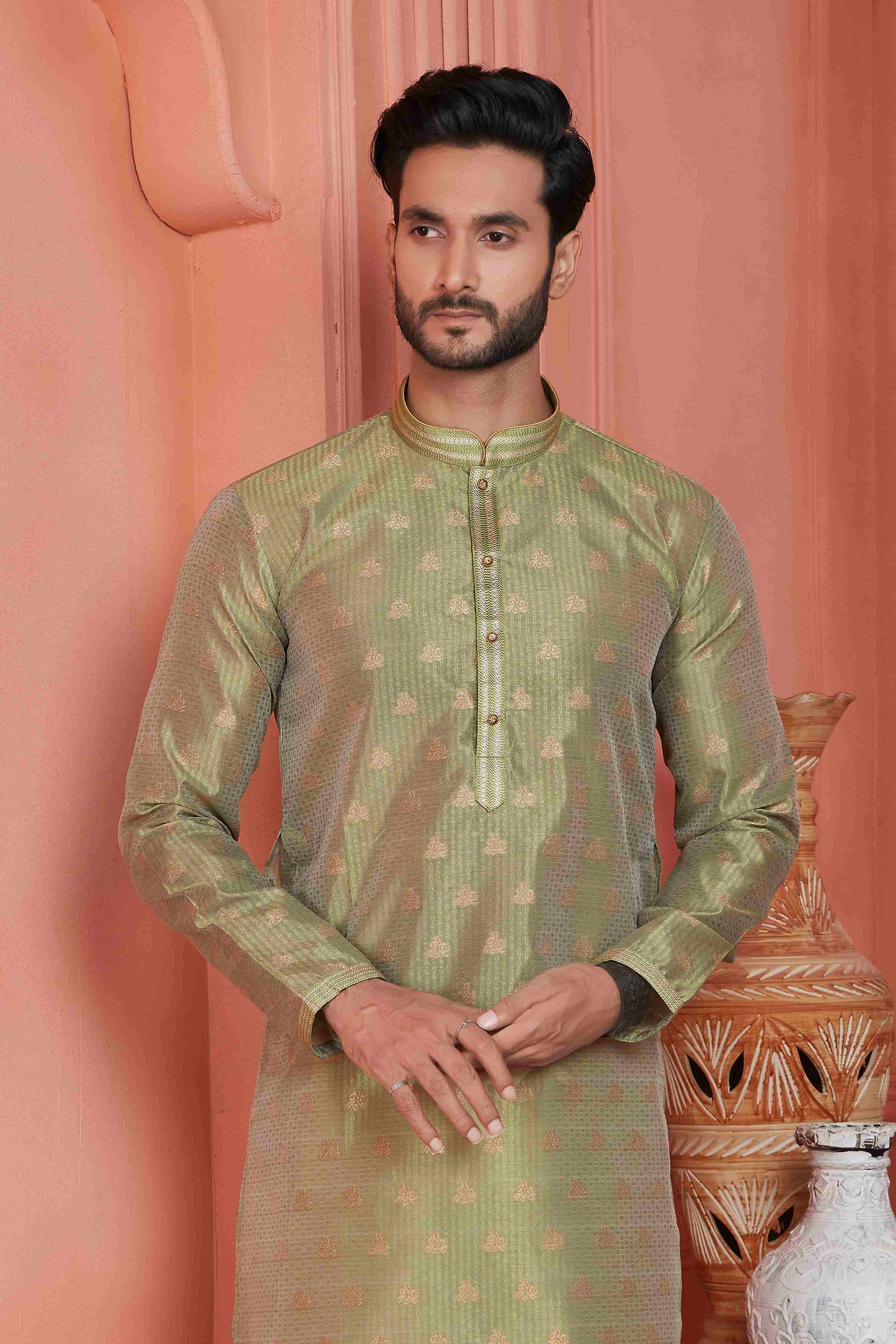 Raivat Ethnic Jacquard Banarasi Silk Pintux Work Kurta Pajama In Green Colour - Distacart