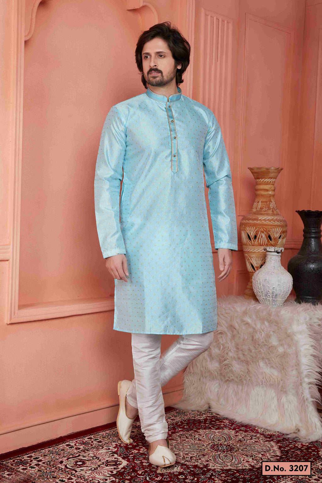 Raivat Ethnic Jacquard Banarasi Silk Pintux Work Kurta Pajama In Sky Blue Colour - Distacart