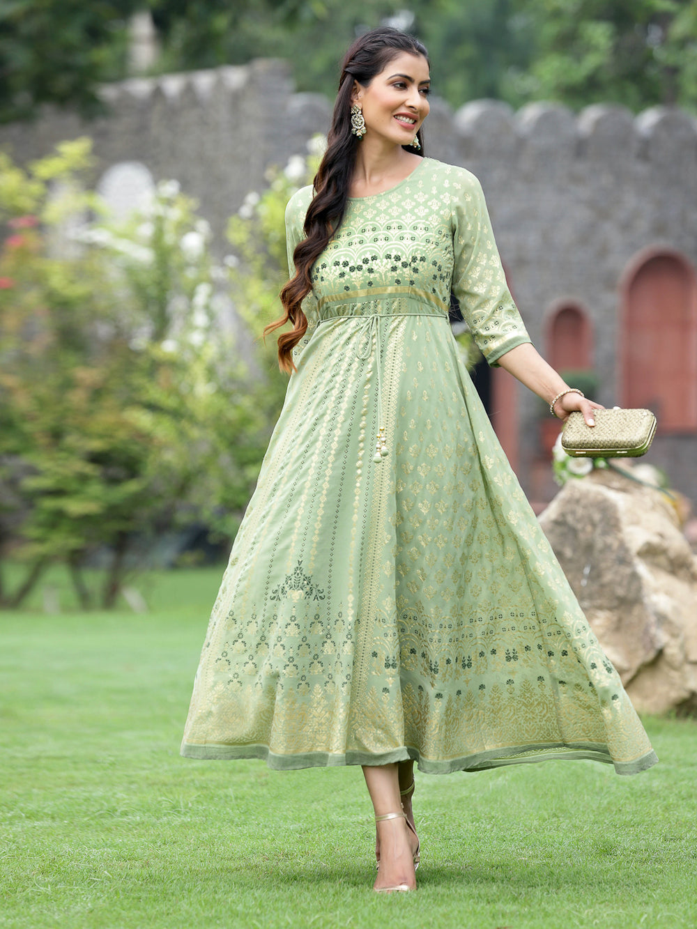Juniper Sage Green Georgette Festive Foil Printed Flared Maxi For Women - Distacart