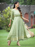 Juniper Sage Green Georgette Festive Foil Printed Flared Maxi For Women - Distacart