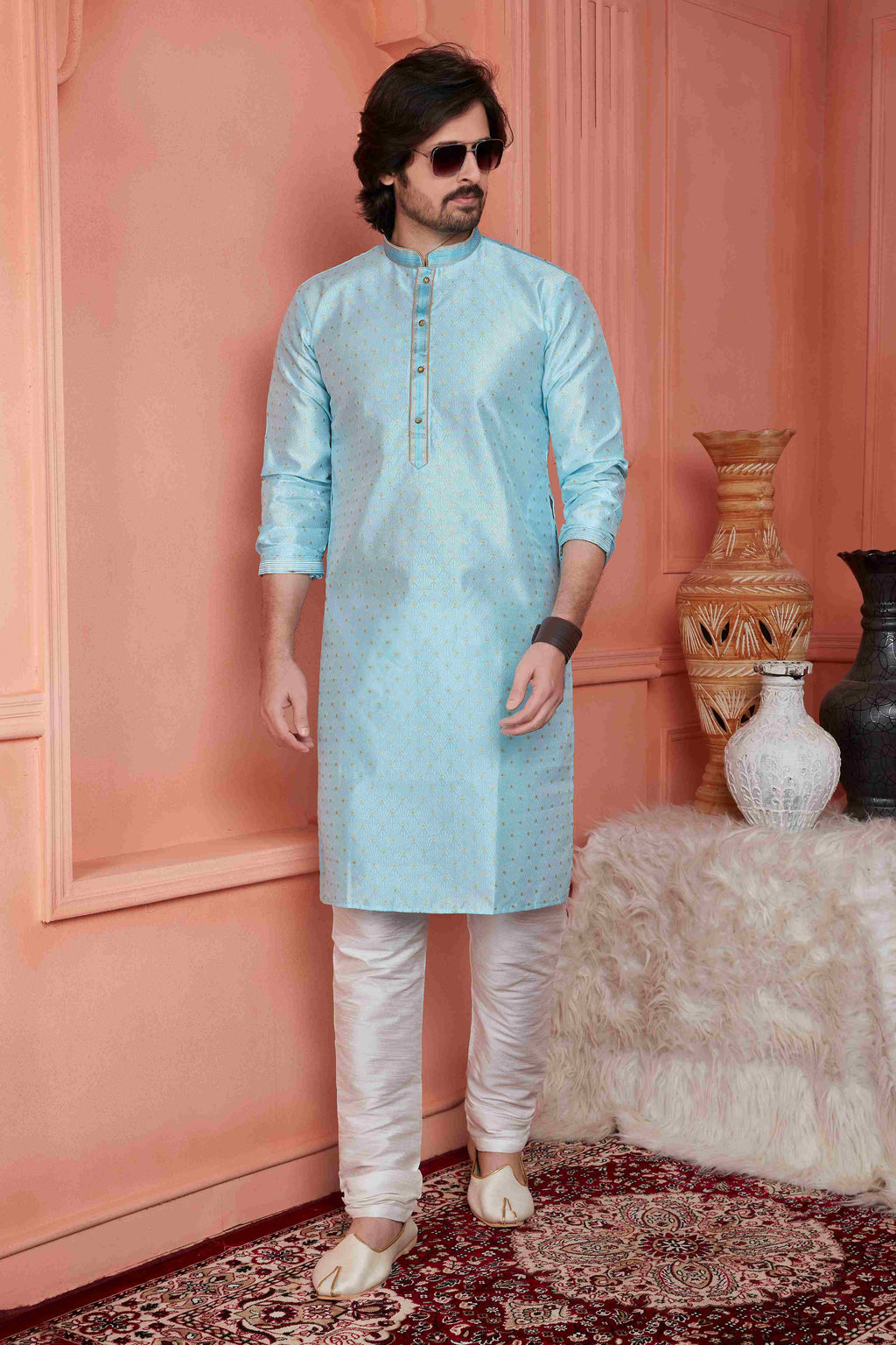 Raivat Ethnic Jacquard Banarasi Silk Pintux Work Kurta Pajama In Sky Blue Colour - Distacart