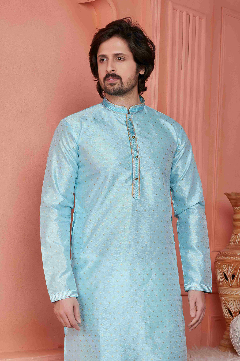 Raivat Ethnic Jacquard Banarasi Silk Pintux Work Kurta Pajama In Sky Blue Colour - Distacart