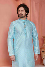 Raivat Ethnic Jacquard Banarasi Silk Pintux Work Kurta Pajama In Sky Blue Colour - Distacart