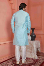 Raivat Ethnic Jacquard Banarasi Silk Pintux Work Kurta Pajama In Sky Blue Colour - Distacart