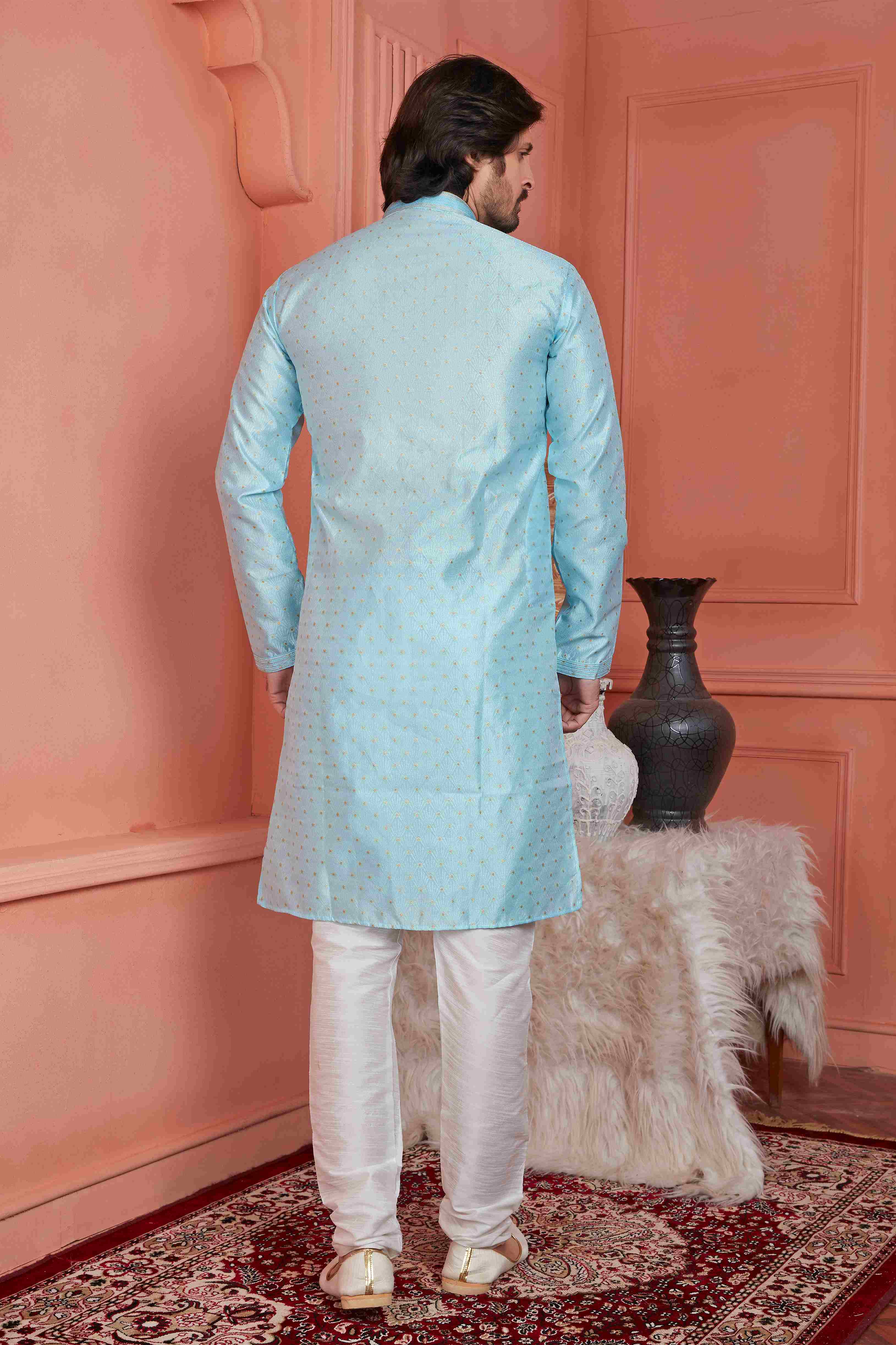 Raivat Ethnic Jacquard Banarasi Silk Pintux Work Kurta Pajama In Sky Blue Colour - Distacart