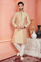 Raivat Ethnic Jacquard Banarasi Silk Pintux Work Kurta Pajama In Beige Colour - Distacart