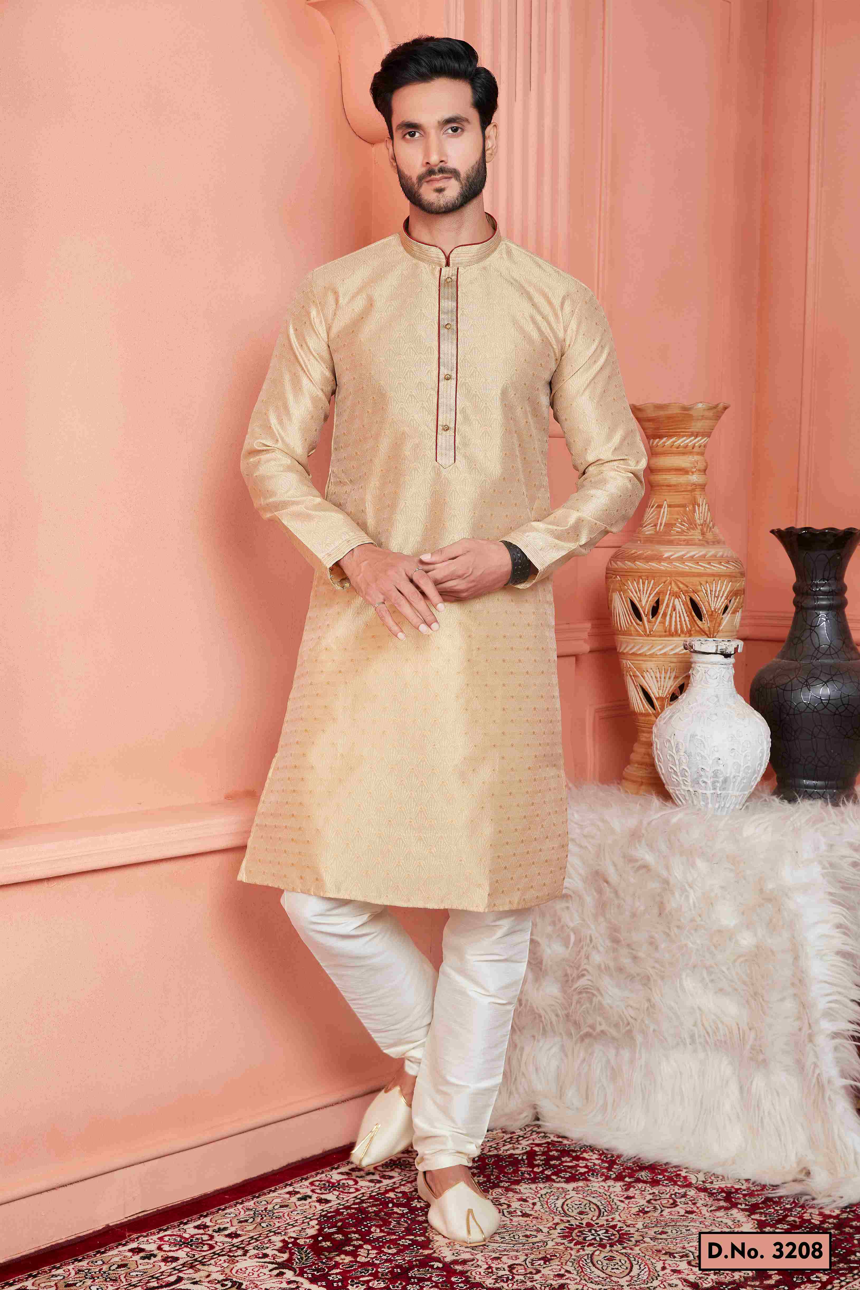Raivat Ethnic Jacquard Banarasi Silk Pintux Work Kurta Pajama In Beige Colour - Distacart