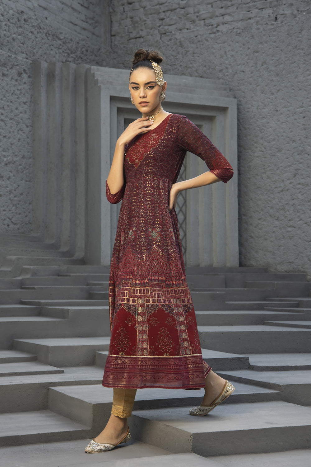 Juniper Maroon Georgette Festive Printed Anarkali Flared Anarkali Kurta For Women - Distacart