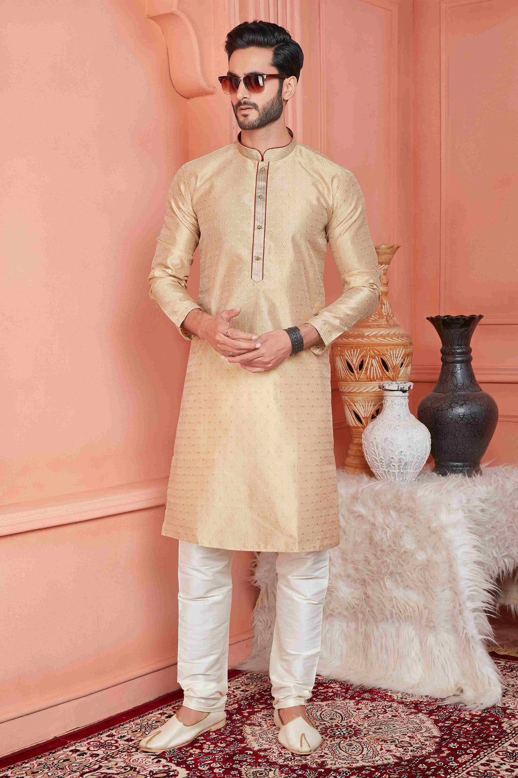 Raivat Ethnic Jacquard Banarasi Silk Pintux Work Kurta Pajama In Beige Colour - Distacart