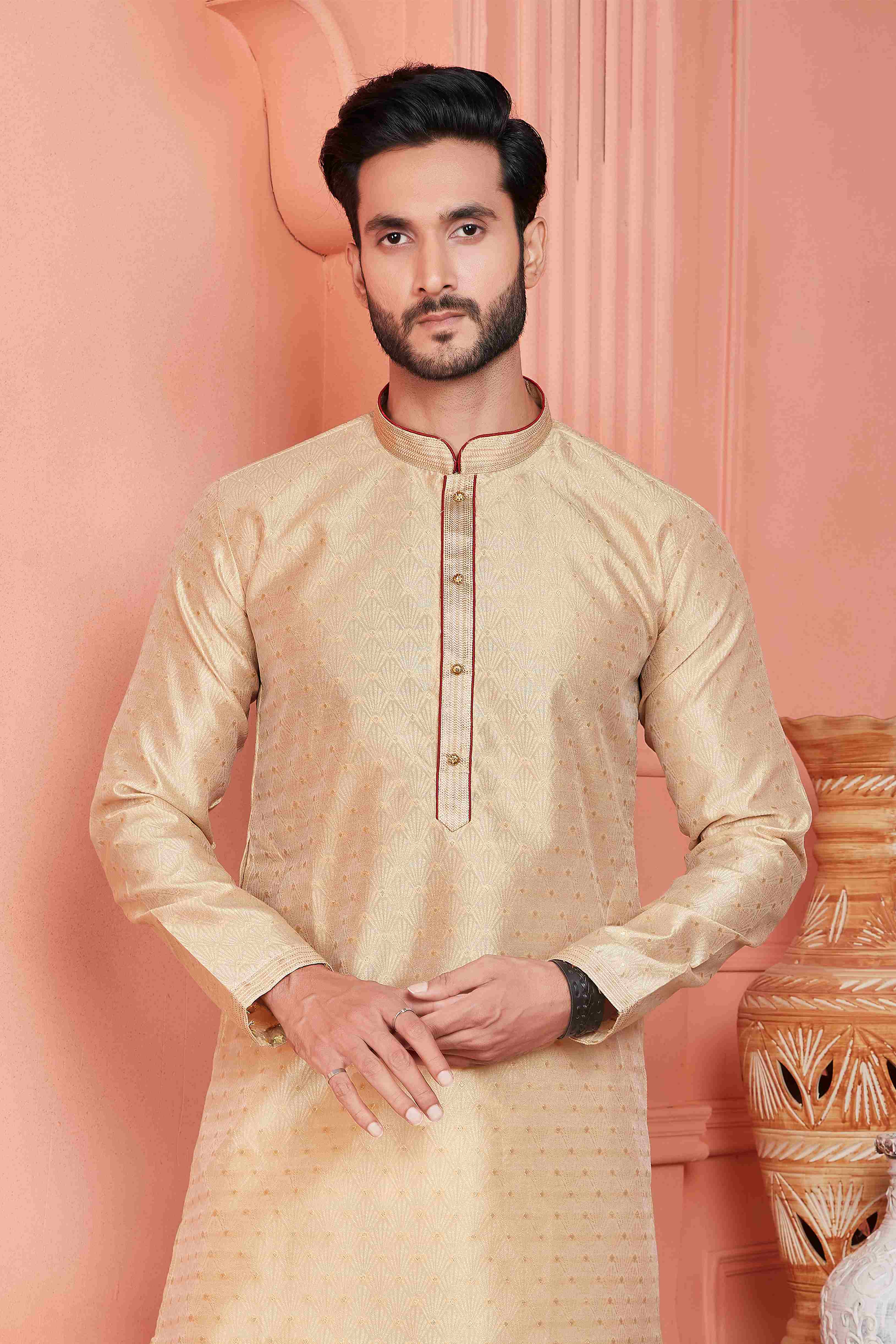 Raivat Ethnic Jacquard Banarasi Silk Pintux Work Kurta Pajama In Beige Colour - Distacart