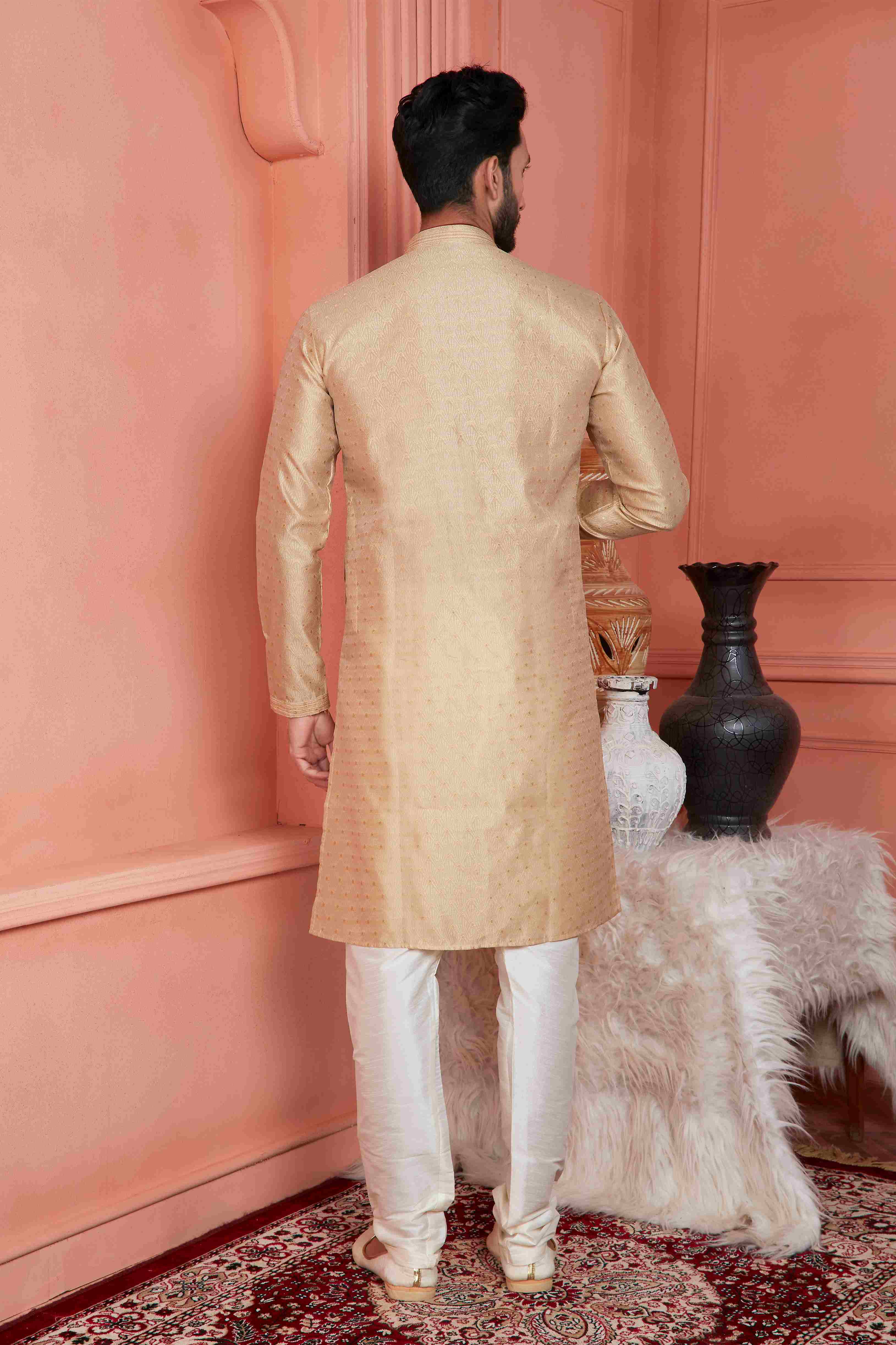Raivat Ethnic Jacquard Banarasi Silk Pintux Work Kurta Pajama In Beige Colour - Distacart