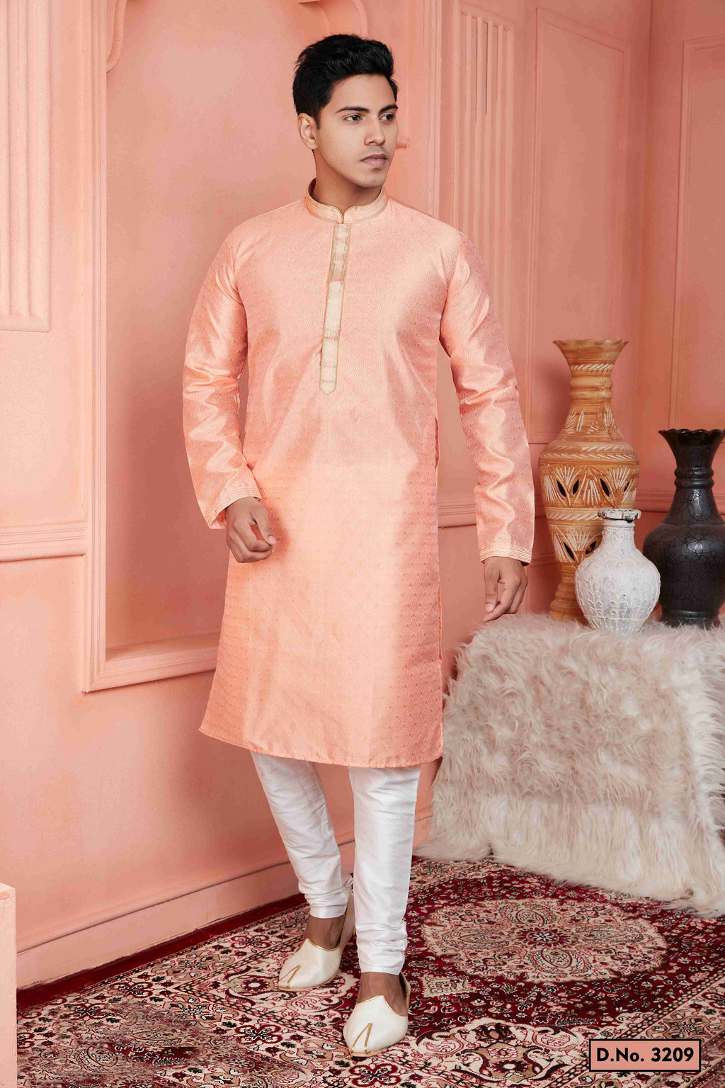 Raivat Ethnic Jacquard Banarasi Silk Pintux Work Kurta Pajama In Peach Colour - Distacart