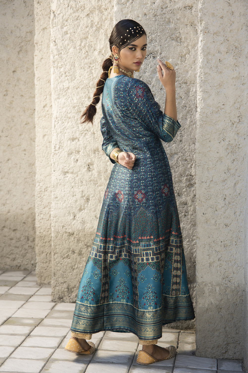 Juniper Teal Satin Festive Printed Anarkali Flared Anarkali Kurta For Women - Distacart