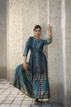 Juniper Teal Satin Festive Printed Anarkali Flared Anarkali Kurta For Women - Distacart