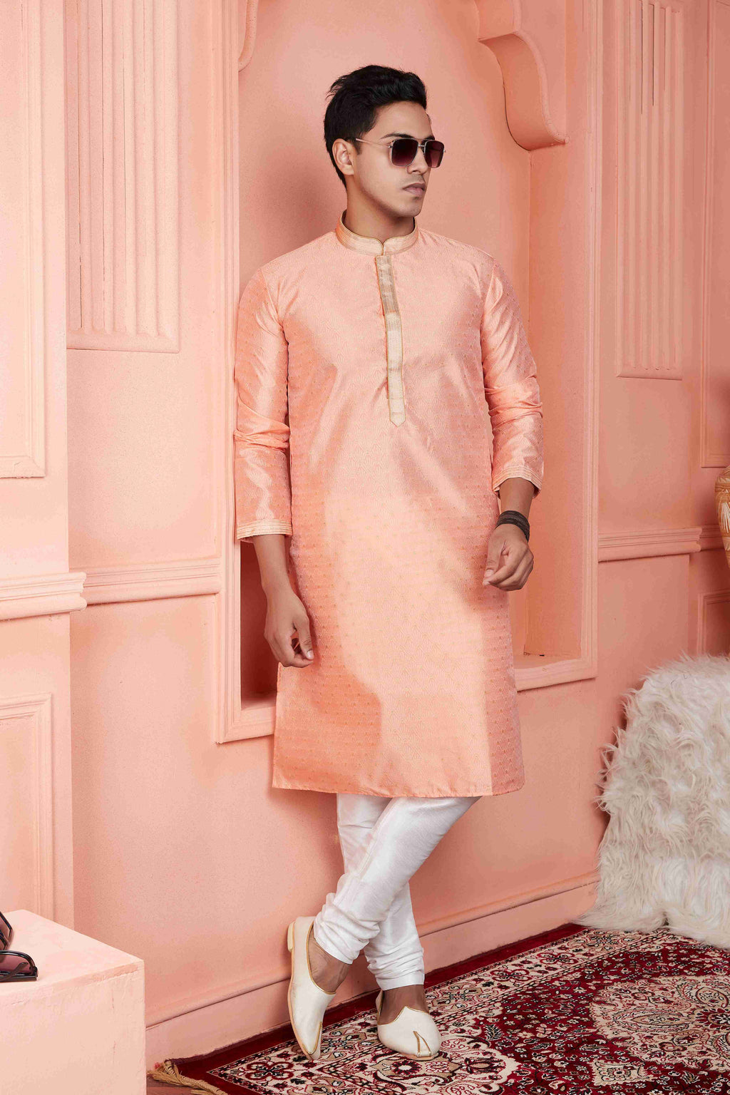 Raivat Ethnic Jacquard Banarasi Silk Pintux Work Kurta Pajama In Peach Colour - Distacart