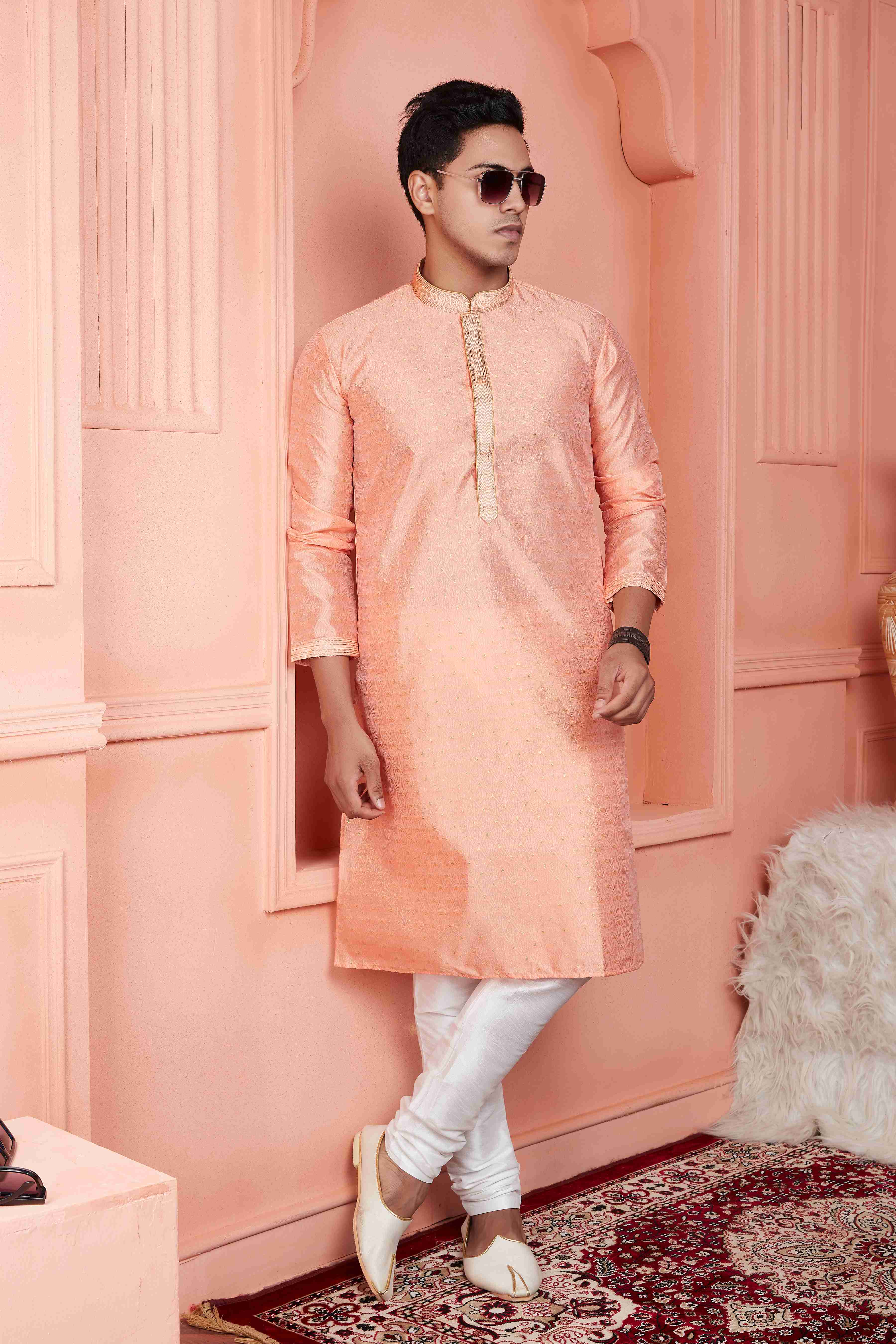 Raivat Ethnic Jacquard Banarasi Silk Pintux Work Kurta Pajama In Peach Colour - Distacart