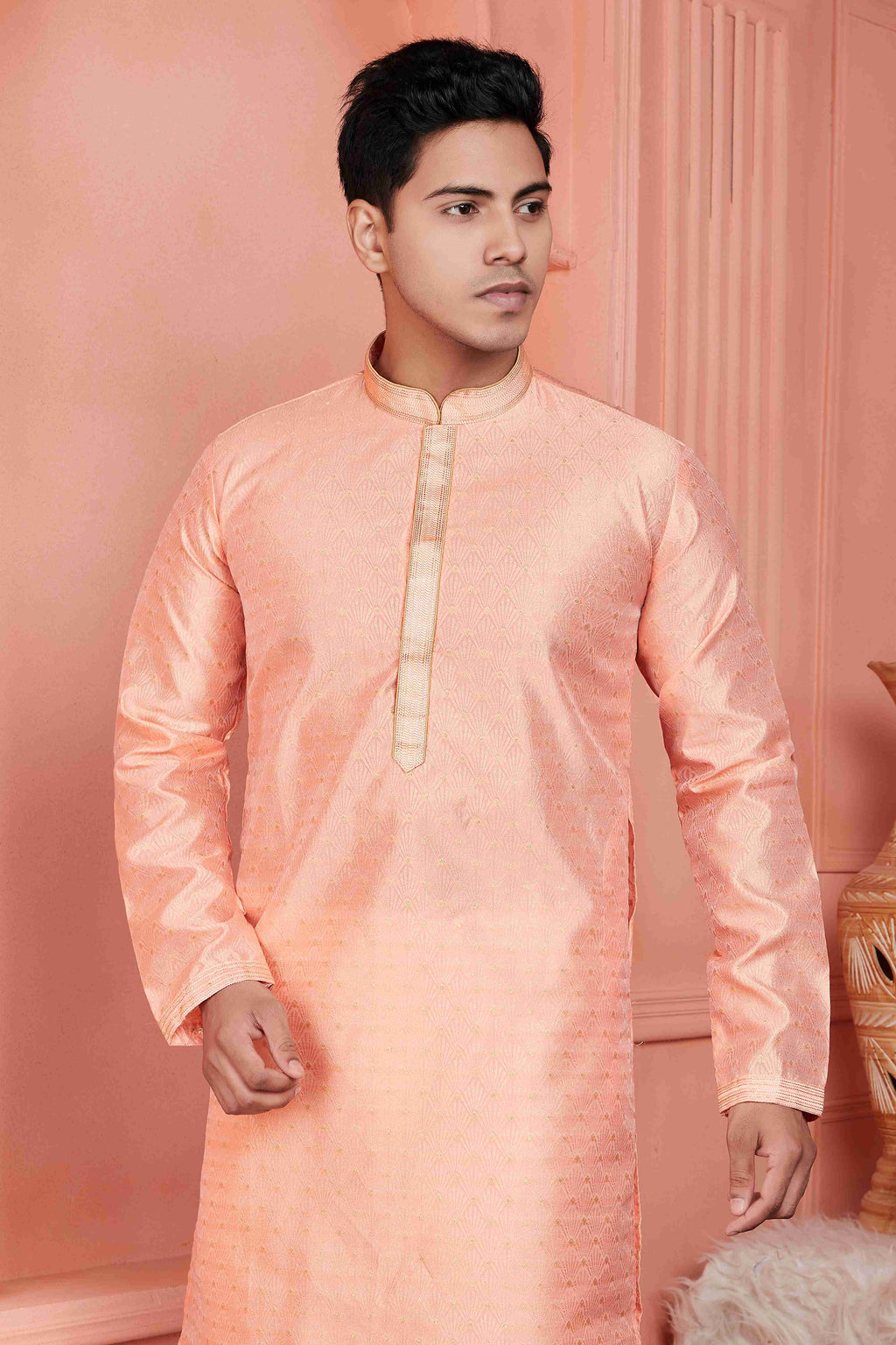 Raivat Ethnic Jacquard Banarasi Silk Pintux Work Kurta Pajama In Peach Colour - Distacart