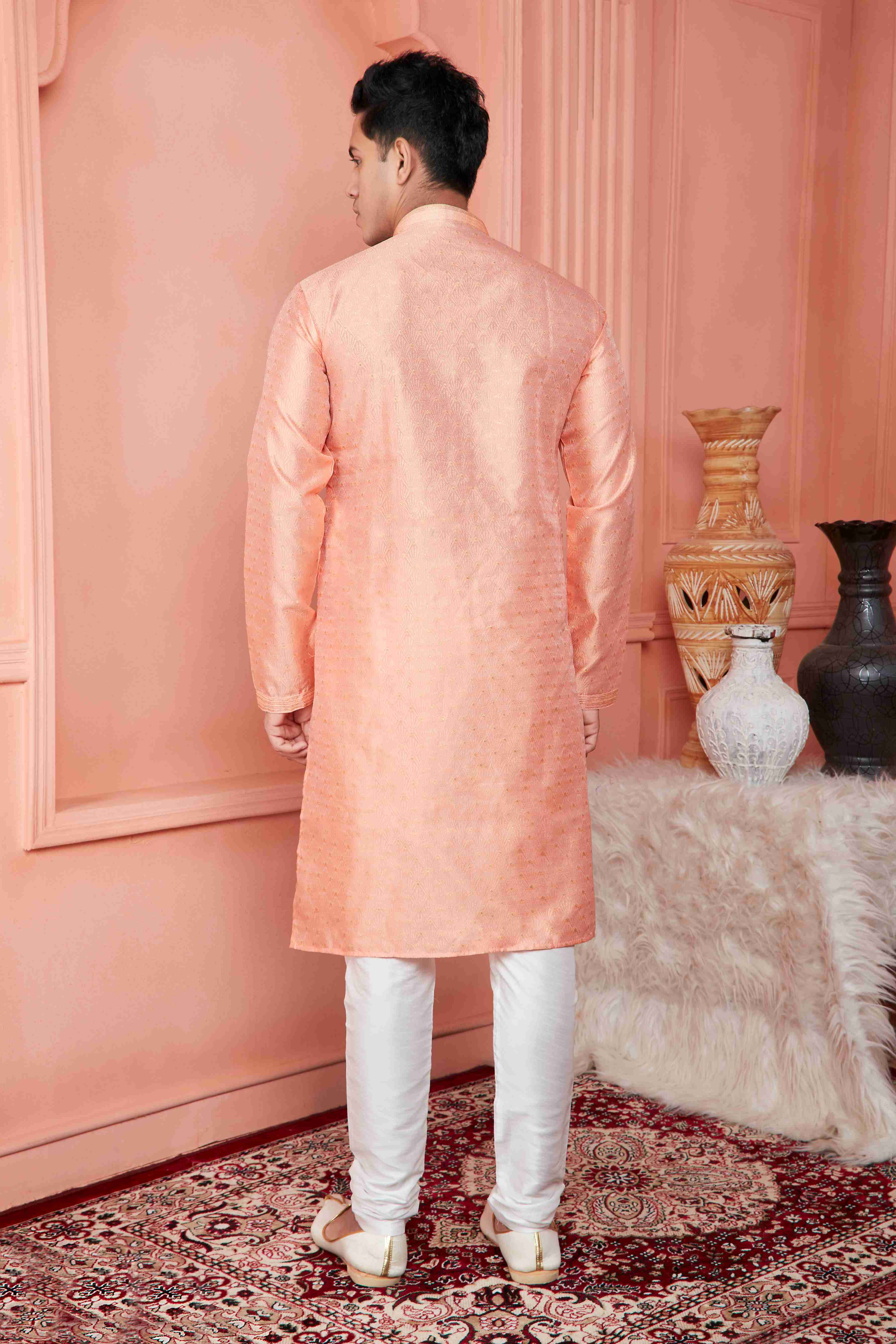 Raivat Ethnic Jacquard Banarasi Silk Pintux Work Kurta Pajama In Peach Colour - Distacart