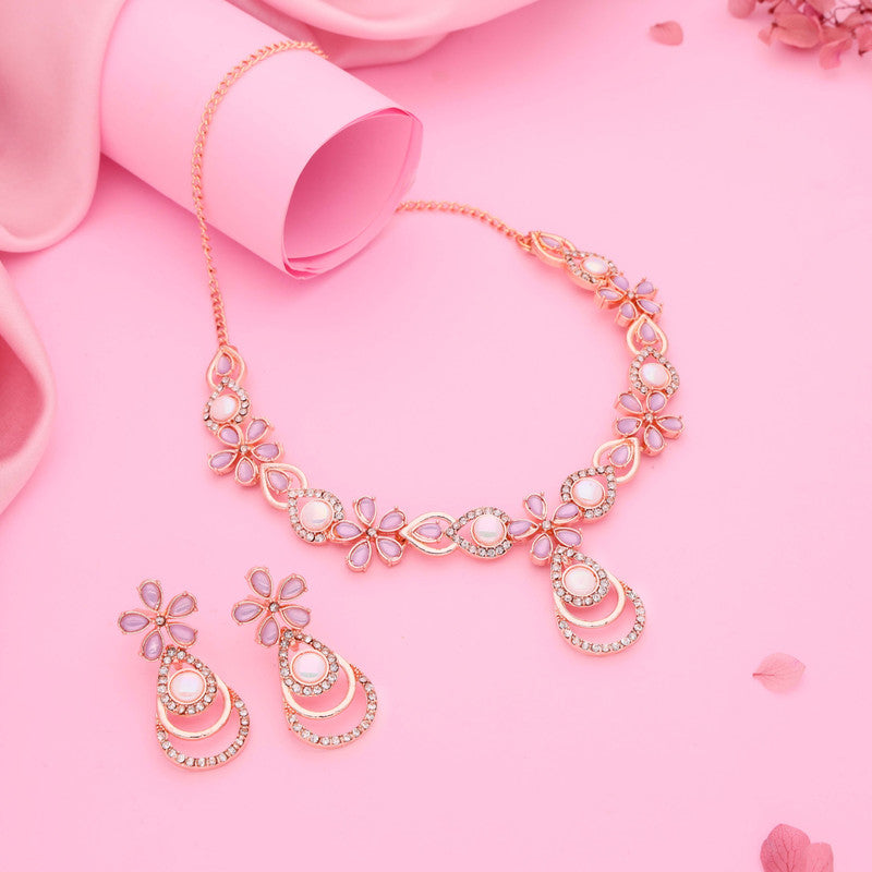 Tehzeeb Creations Rose Gold-Polished Lavender Colour Necklace With Stud