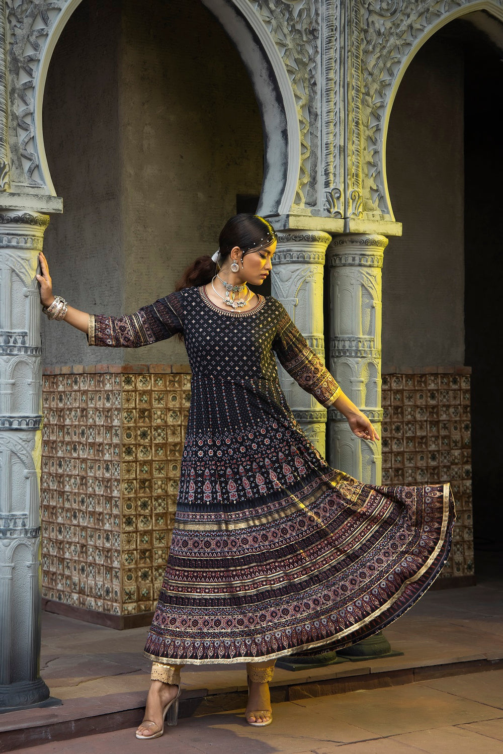 Juniper Black Georgette Festive Printed Flared Anarkali Kurta For Women - Distacart