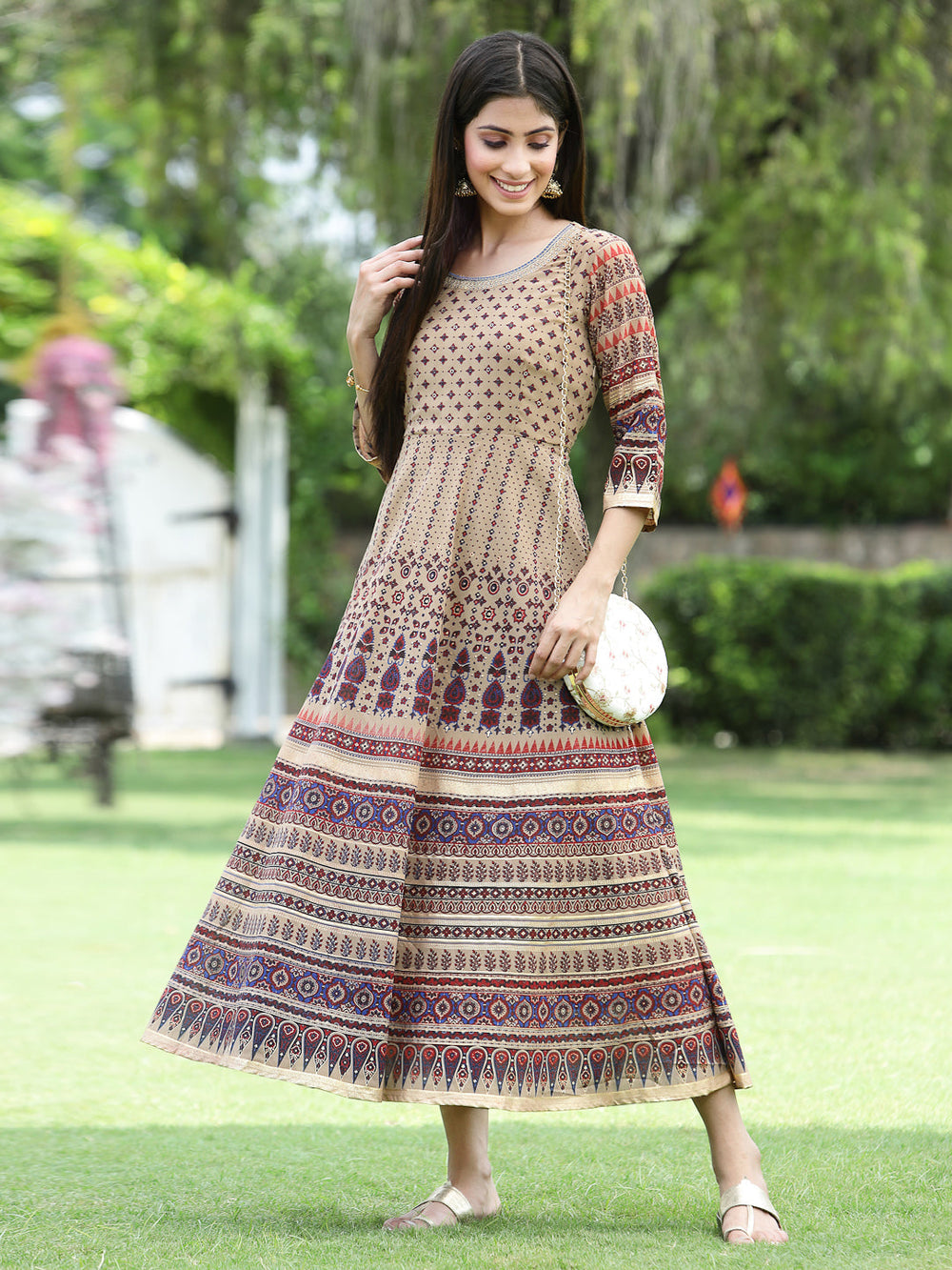 Juniper Women Brown Multi Georgette Festive Printed Flared Anarkali Kurta - Distacart