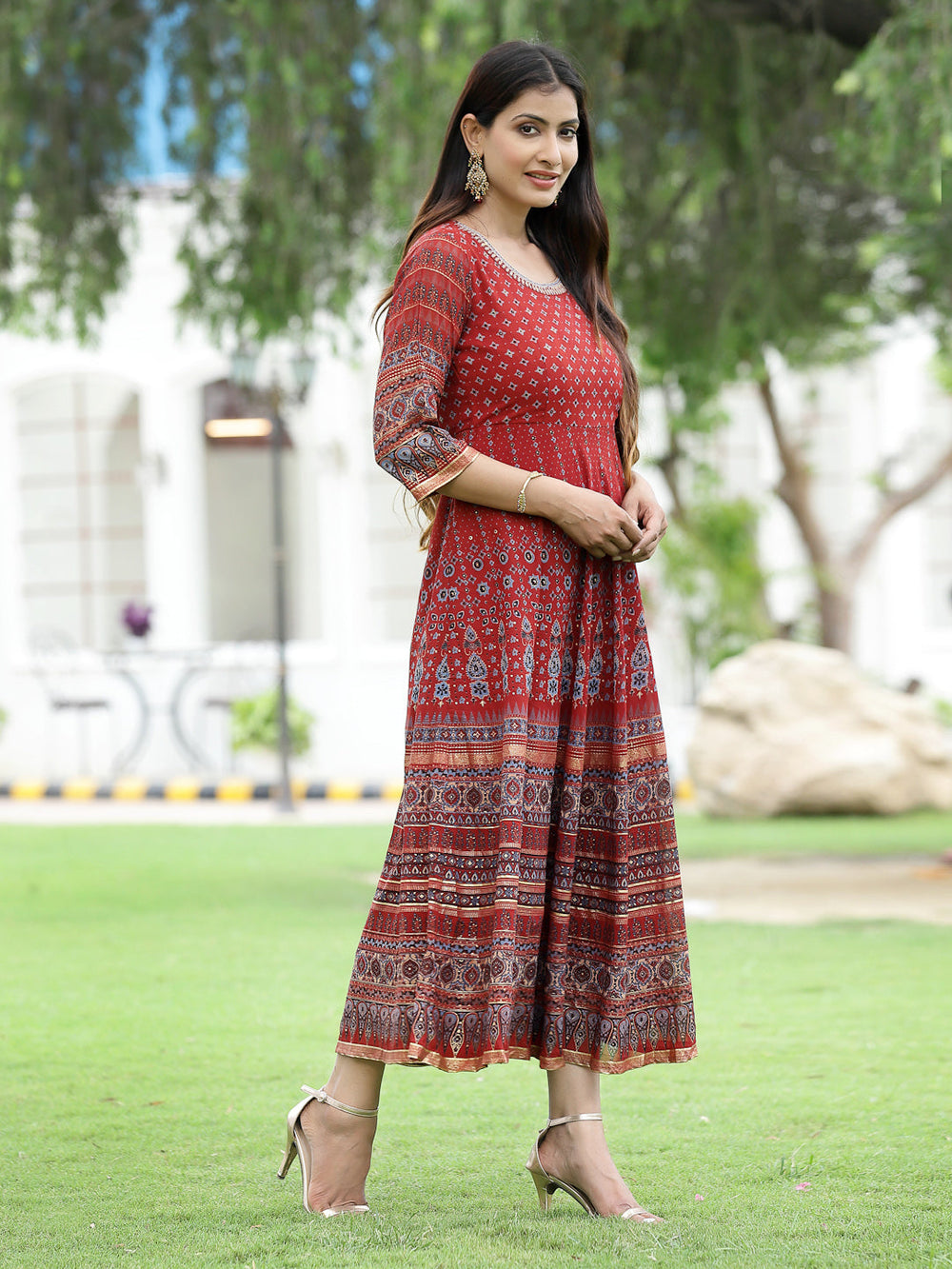 Juniper Women Rust Georgette Festive Printed Flared Anarkali Kurta - Distacart