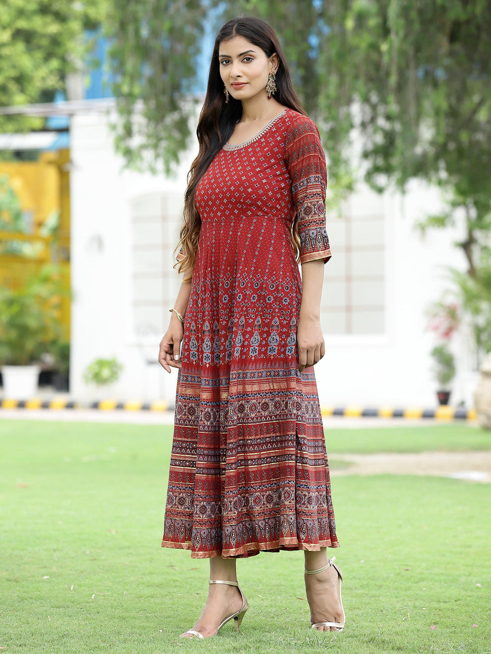 Juniper Women Rust Georgette Festive Printed Flared Anarkali Kurta - Distacart
