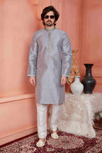 Raivat Ethnic Jacquard Banarasi Silk Pintux Work Kurta Pajama In Grey Colour - Distacart