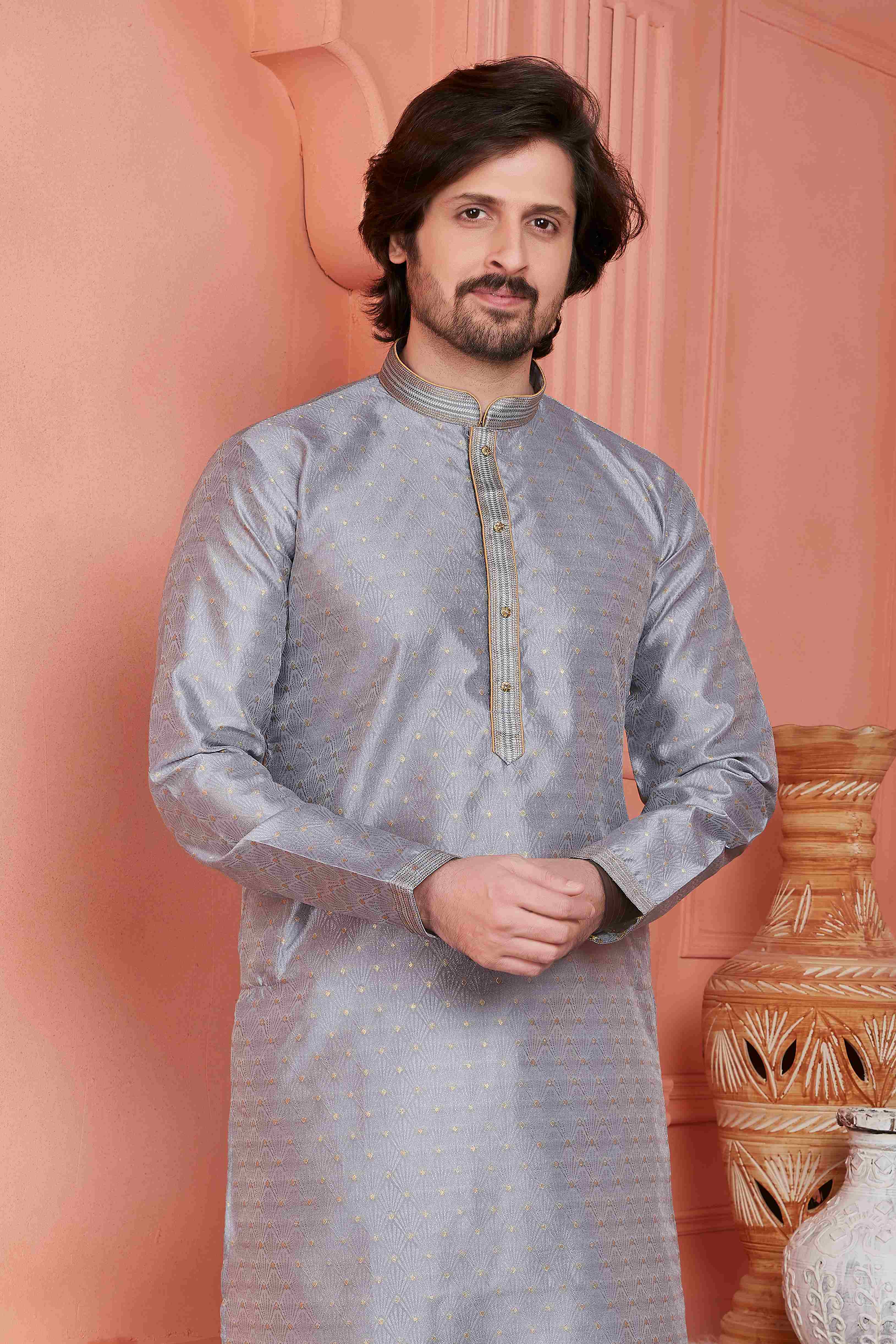 Raivat Ethnic Jacquard Banarasi Silk Pintux Work Kurta Pajama In Grey Colour - Distacart