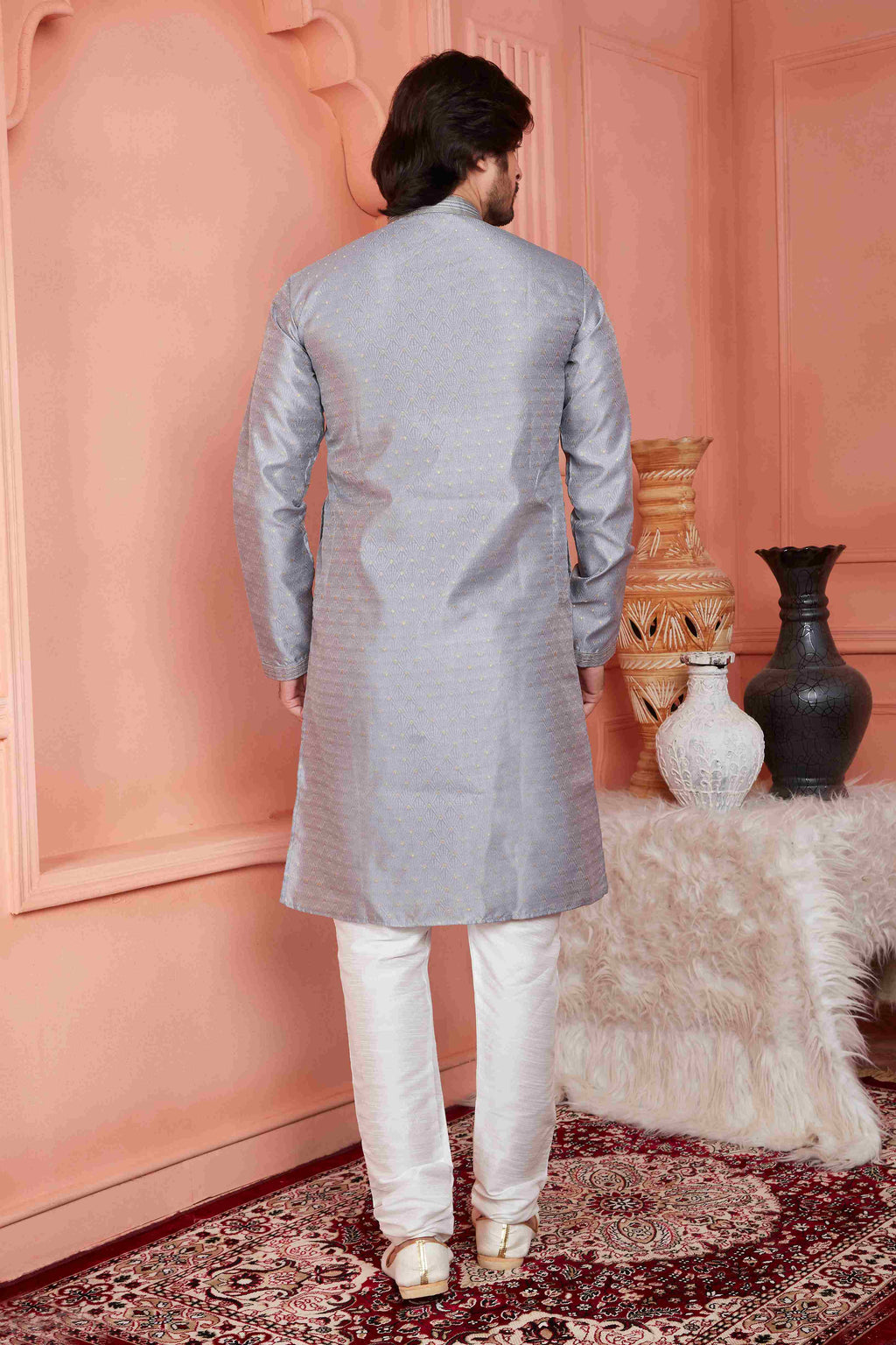 Raivat Ethnic Jacquard Banarasi Silk Pintux Work Kurta Pajama In Grey Colour - Distacart