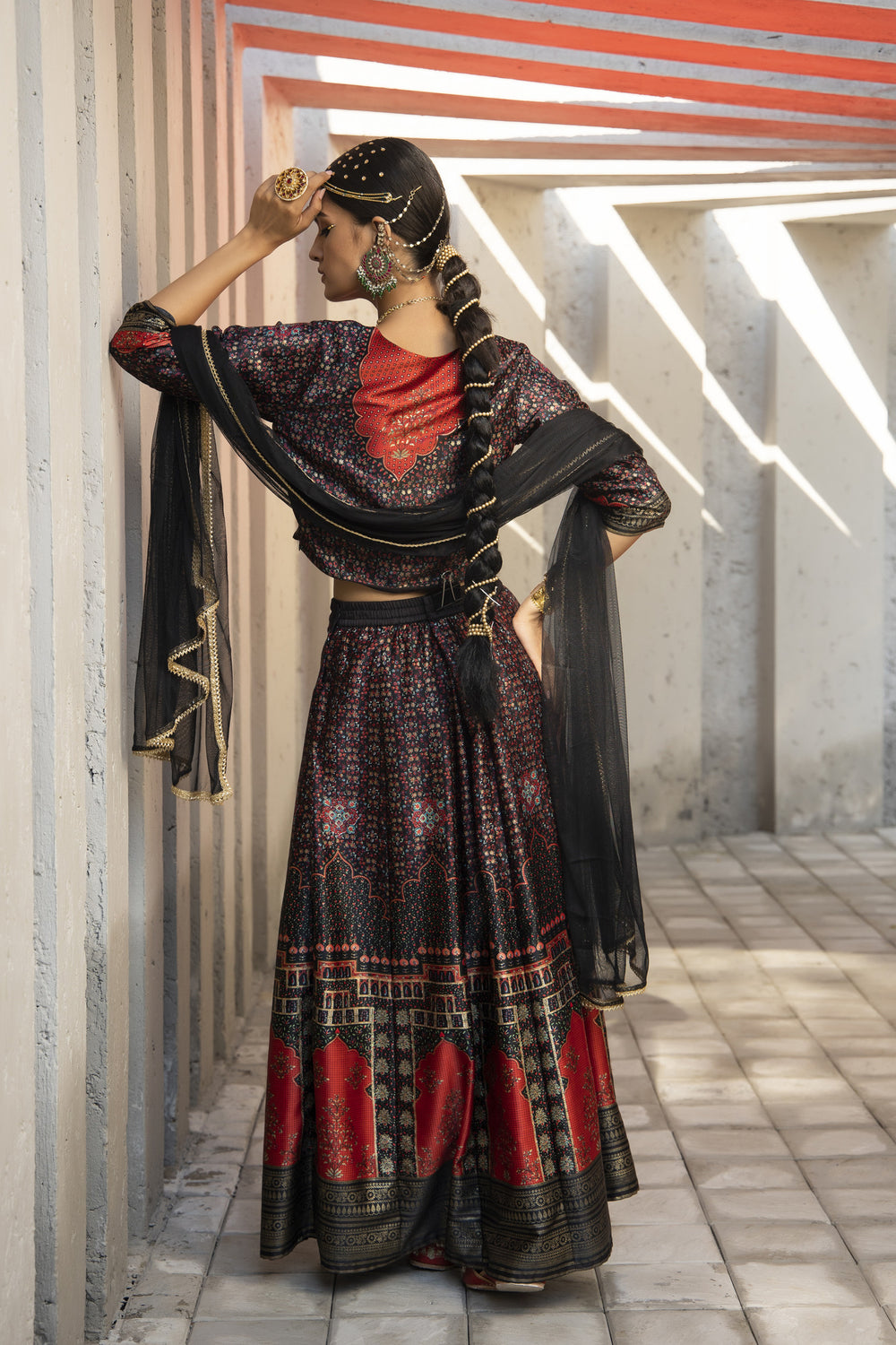 Juniper Black Dull Satin Festive Printed Crop Choli-Skirt Dupatta For Women - Distacart