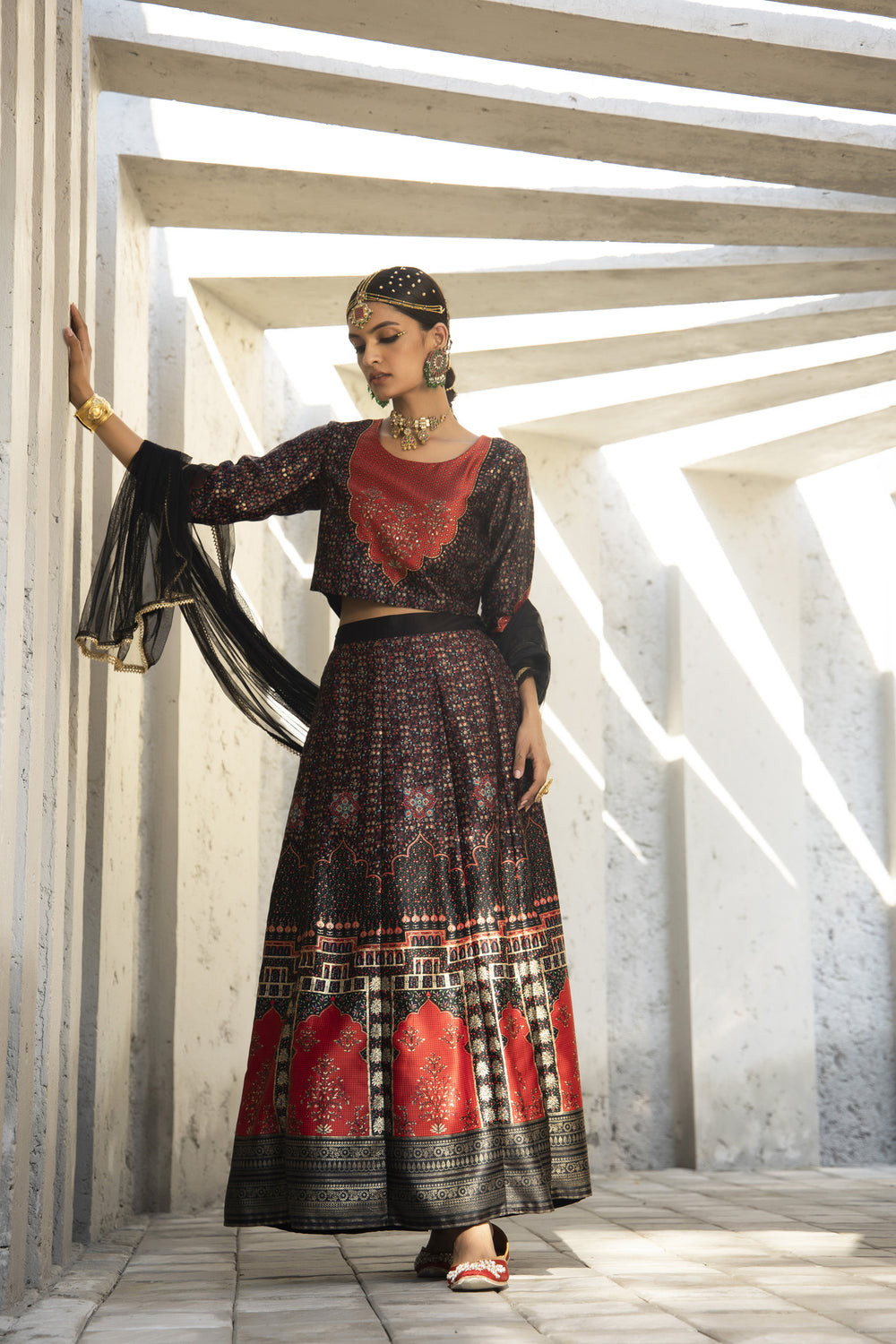 Juniper Black Dull Satin Festive Printed Crop Choli-Skirt Dupatta For Women - Distacart