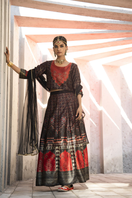 Juniper Black Dull Satin Festive Printed Crop Choli-Skirt Dupatta For Women