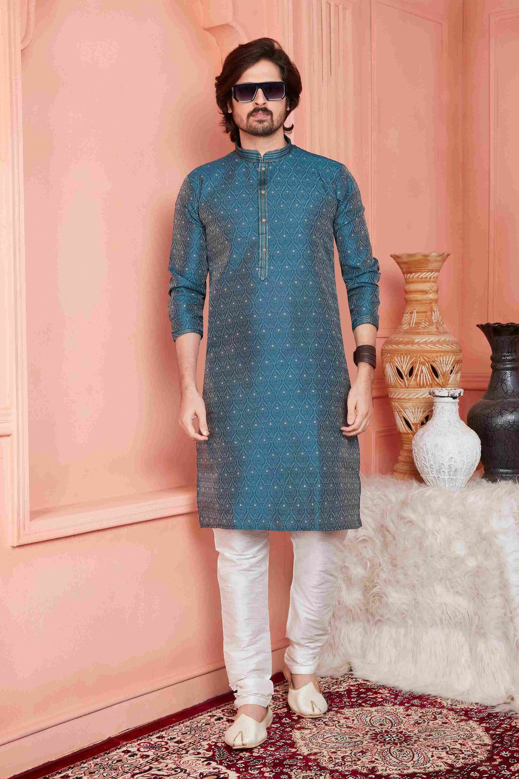 Raivat Ethnic Jacquard Banarasi Silk Pintux Work Kurta Pajama In Blue Colour - Distacart