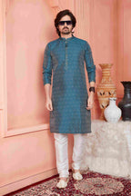 Raivat Ethnic Jacquard Banarasi Silk Pintux Work Kurta Pajama In Blue Colour - Distacart