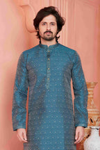 Raivat Ethnic Jacquard Banarasi Silk Pintux Work Kurta Pajama In Blue Colour - Distacart