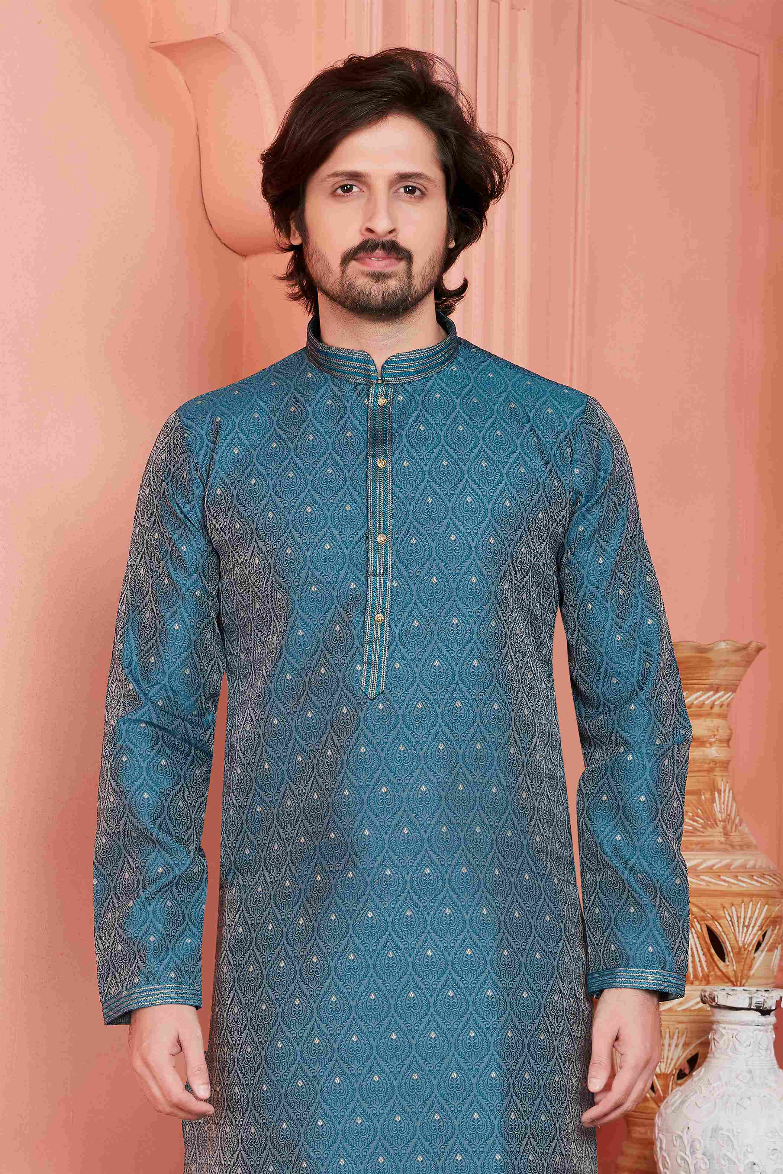 Raivat Ethnic Jacquard Banarasi Silk Pintux Work Kurta Pajama In Blue Colour - Distacart
