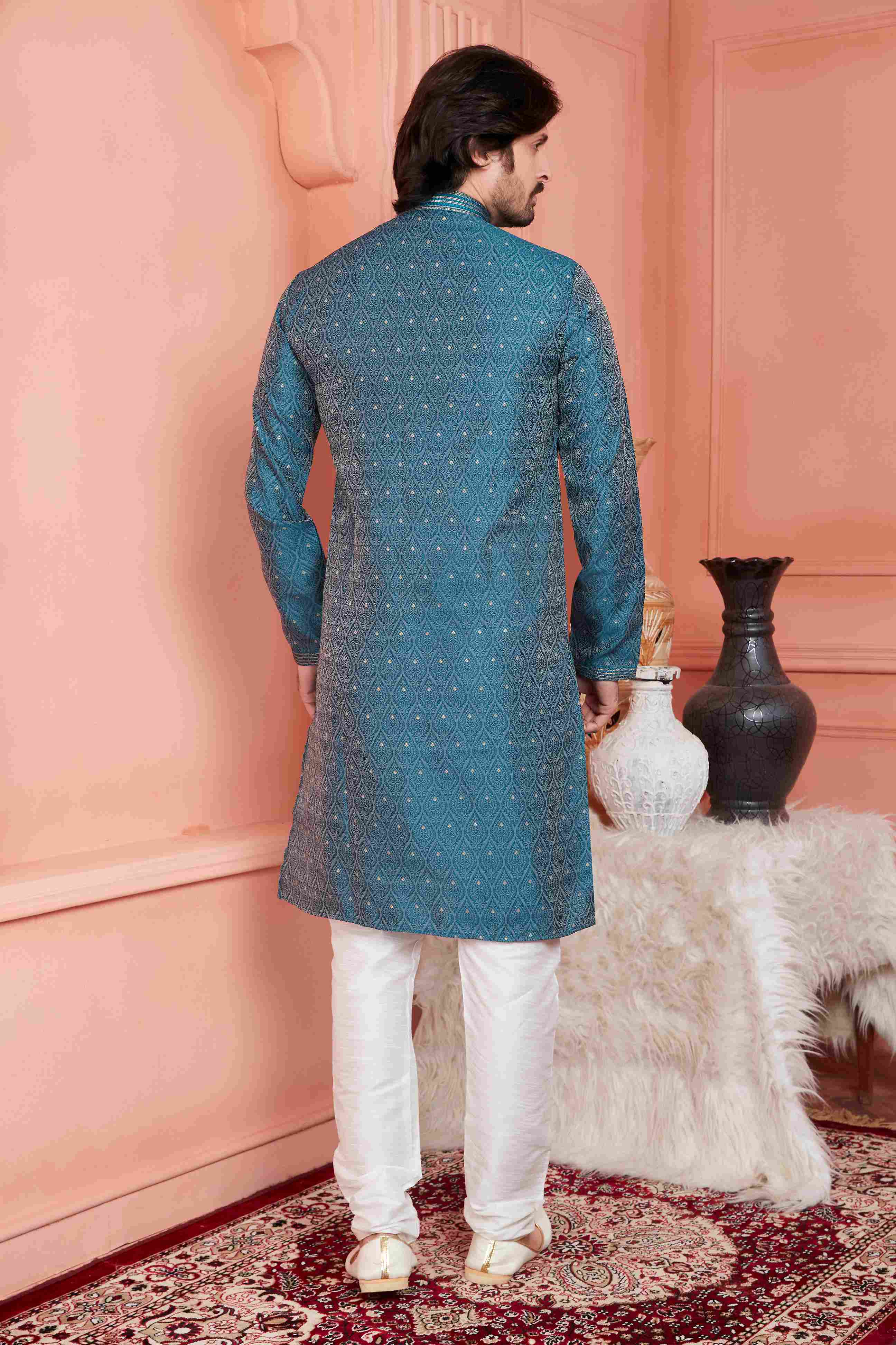 Raivat Ethnic Jacquard Banarasi Silk Pintux Work Kurta Pajama In Blue Colour - Distacart