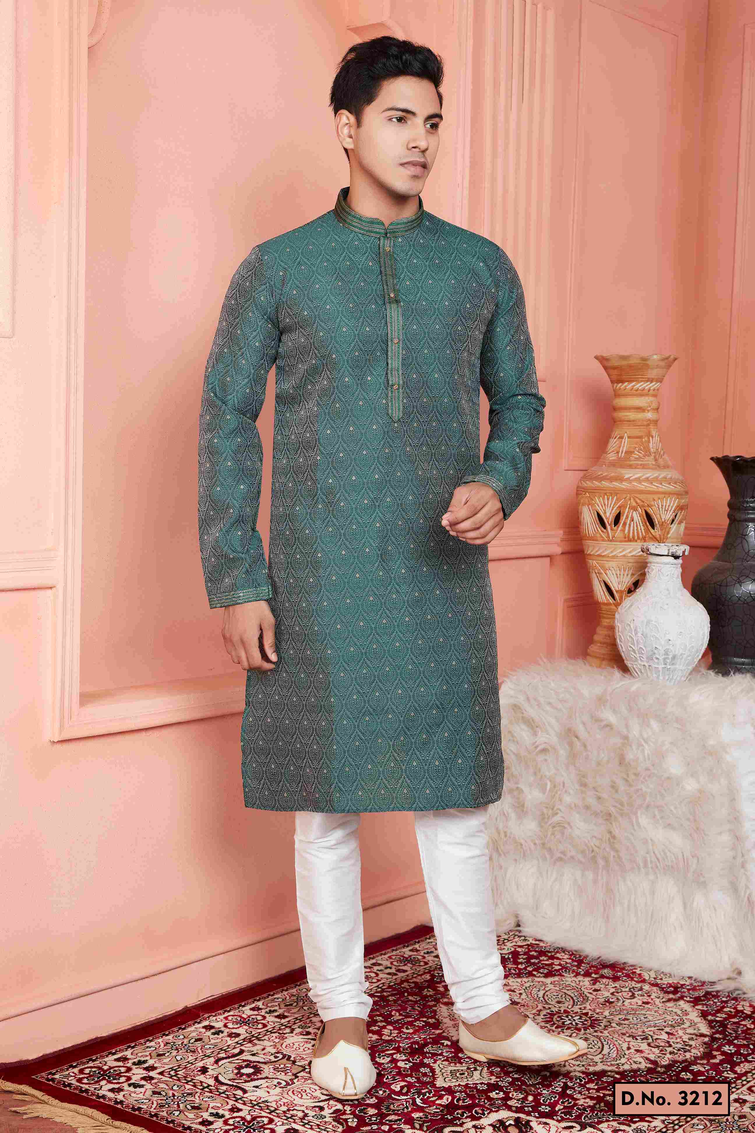 Raivat Ethnic Jacquard Banarasi Silk Pintux Work Kurta Pajama In Green Colour - Distacart