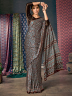 Saree Mall Brown & Blue Ethnic Motifs Printed Pure Crepe Block Print Saree - Distacart