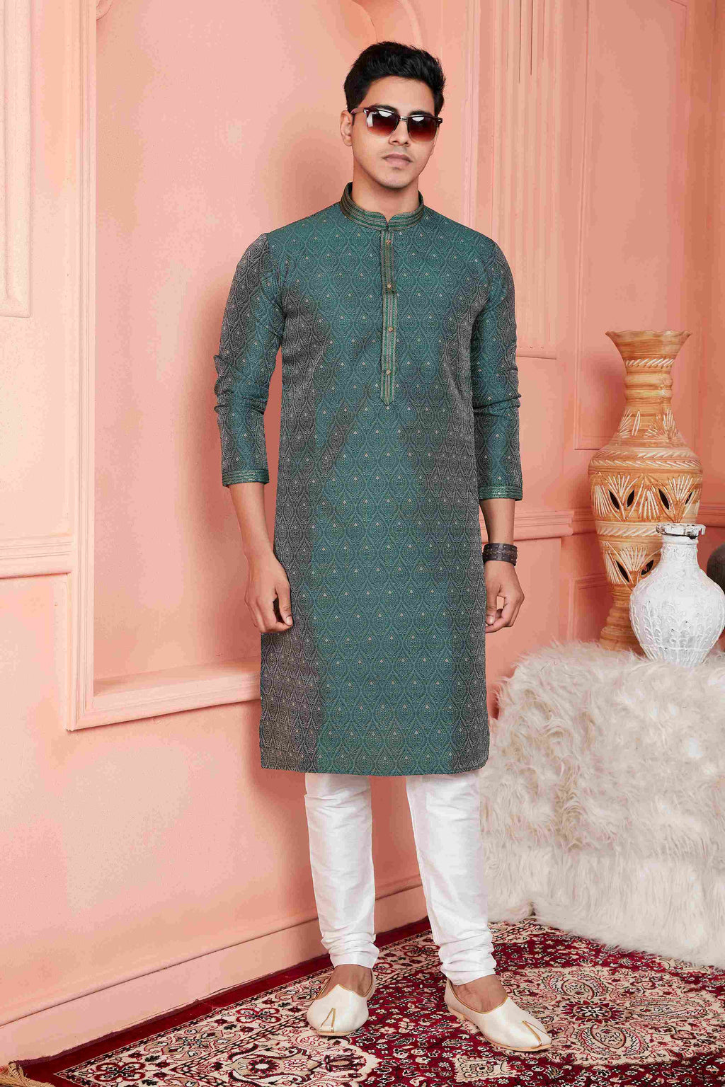 Raivat Ethnic Jacquard Banarasi Silk Pintux Work Kurta Pajama In Green Colour - Distacart