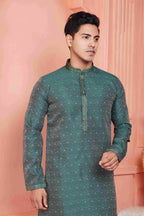 Raivat Ethnic Jacquard Banarasi Silk Pintux Work Kurta Pajama In Green Colour - Distacart