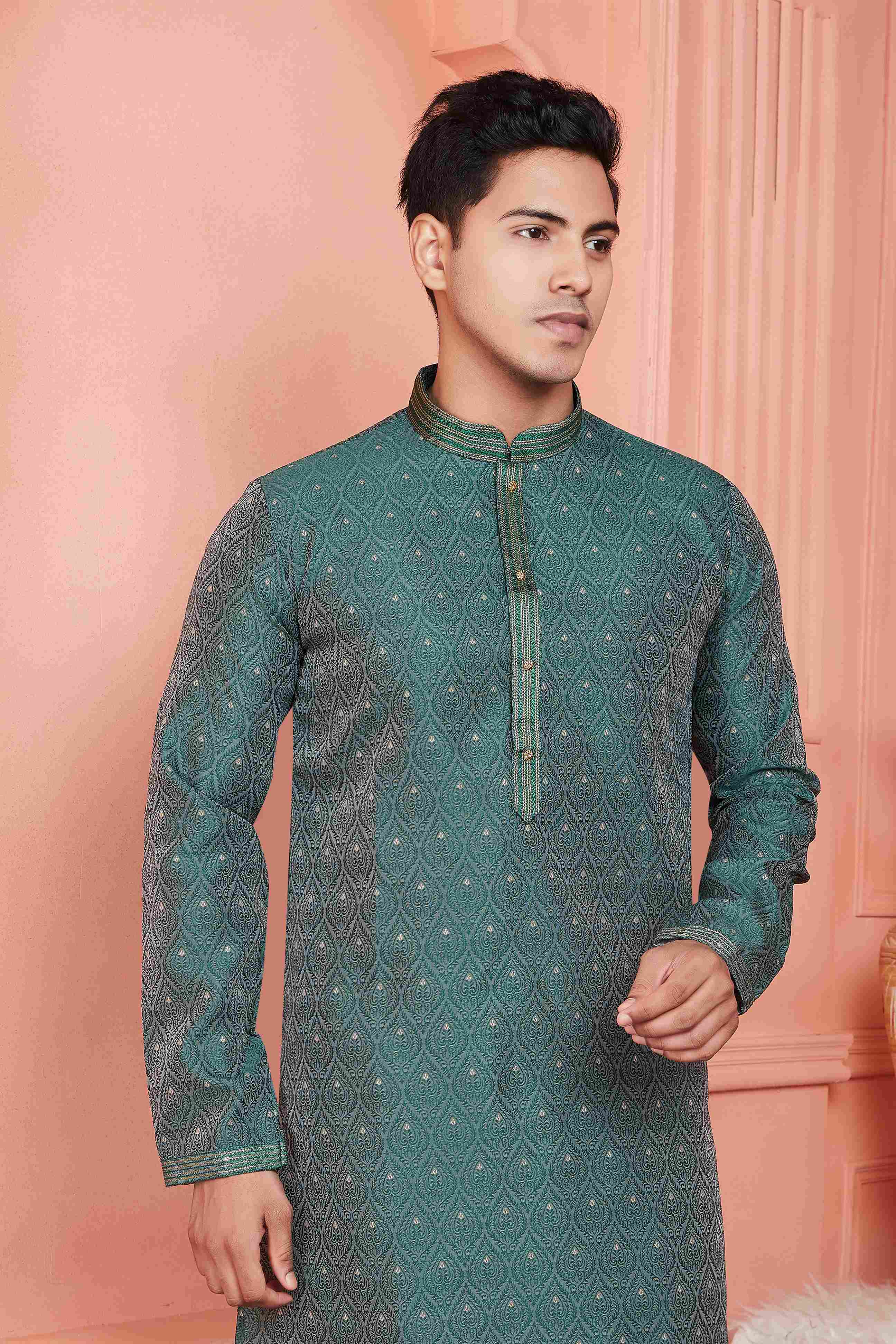 Raivat Ethnic Jacquard Banarasi Silk Pintux Work Kurta Pajama In Green Colour - Distacart