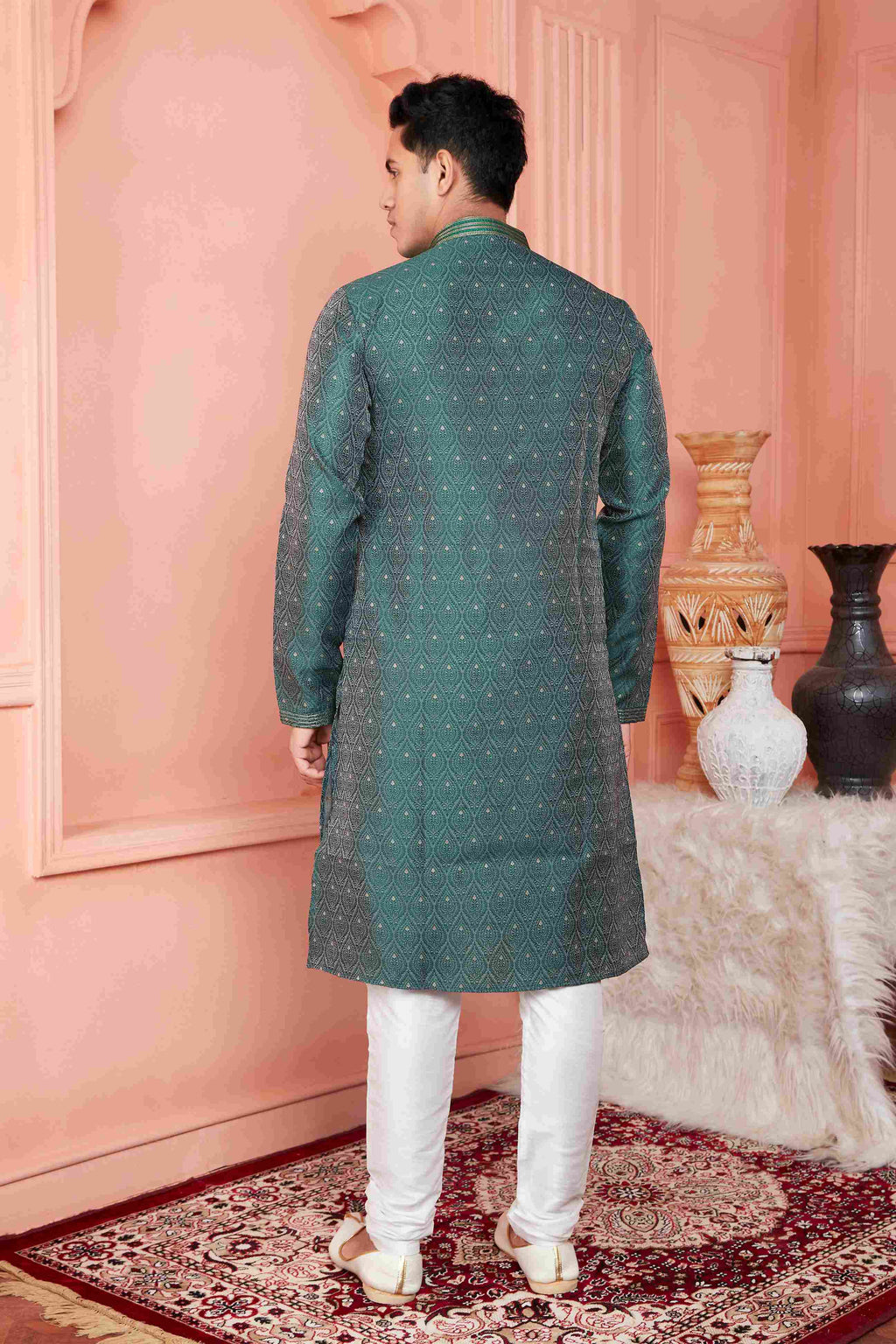 Raivat Ethnic Jacquard Banarasi Silk Pintux Work Kurta Pajama In Green Colour - Distacart