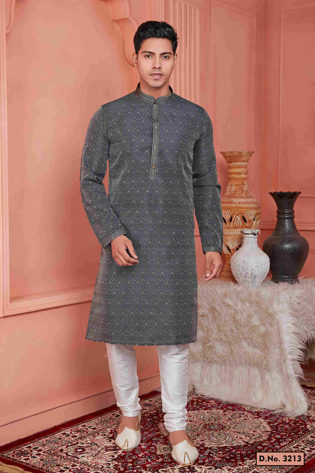 Raivat Ethnic Jacquard Banarasi Silk Pintux Work Kurta Pajama In Grey Colour - Distacart