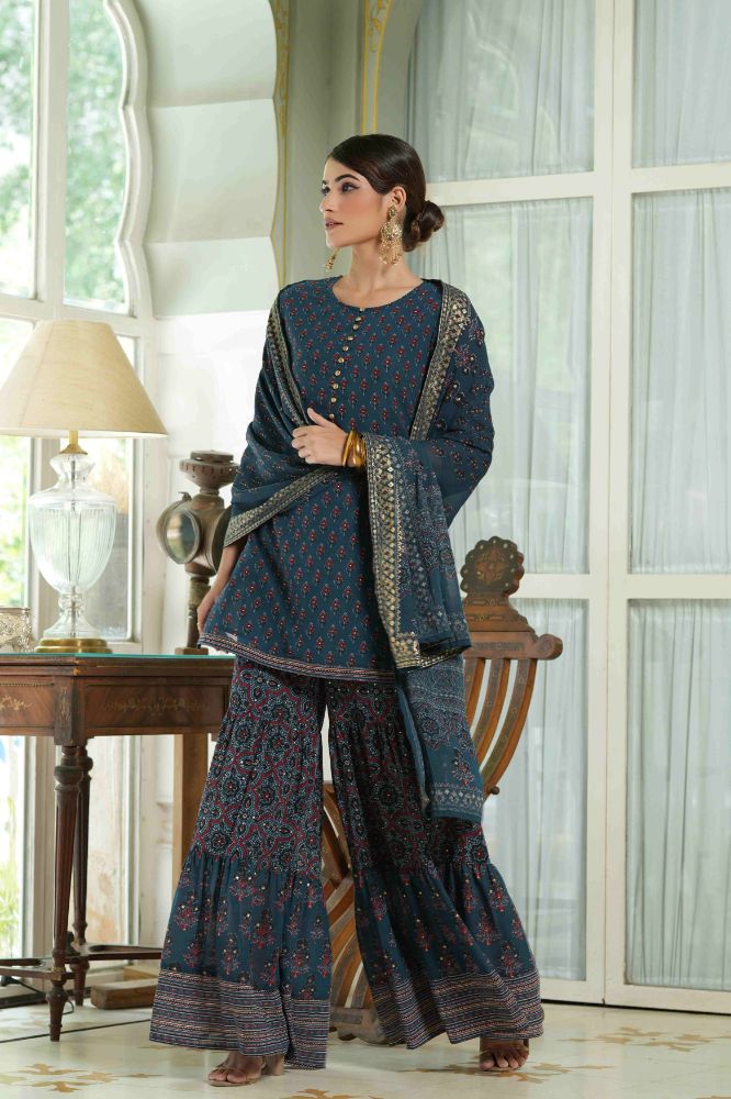 Juniper Teal Georgette Festive Floral Print Straight Tunic-Sharara Dupatta For Women - Distacart