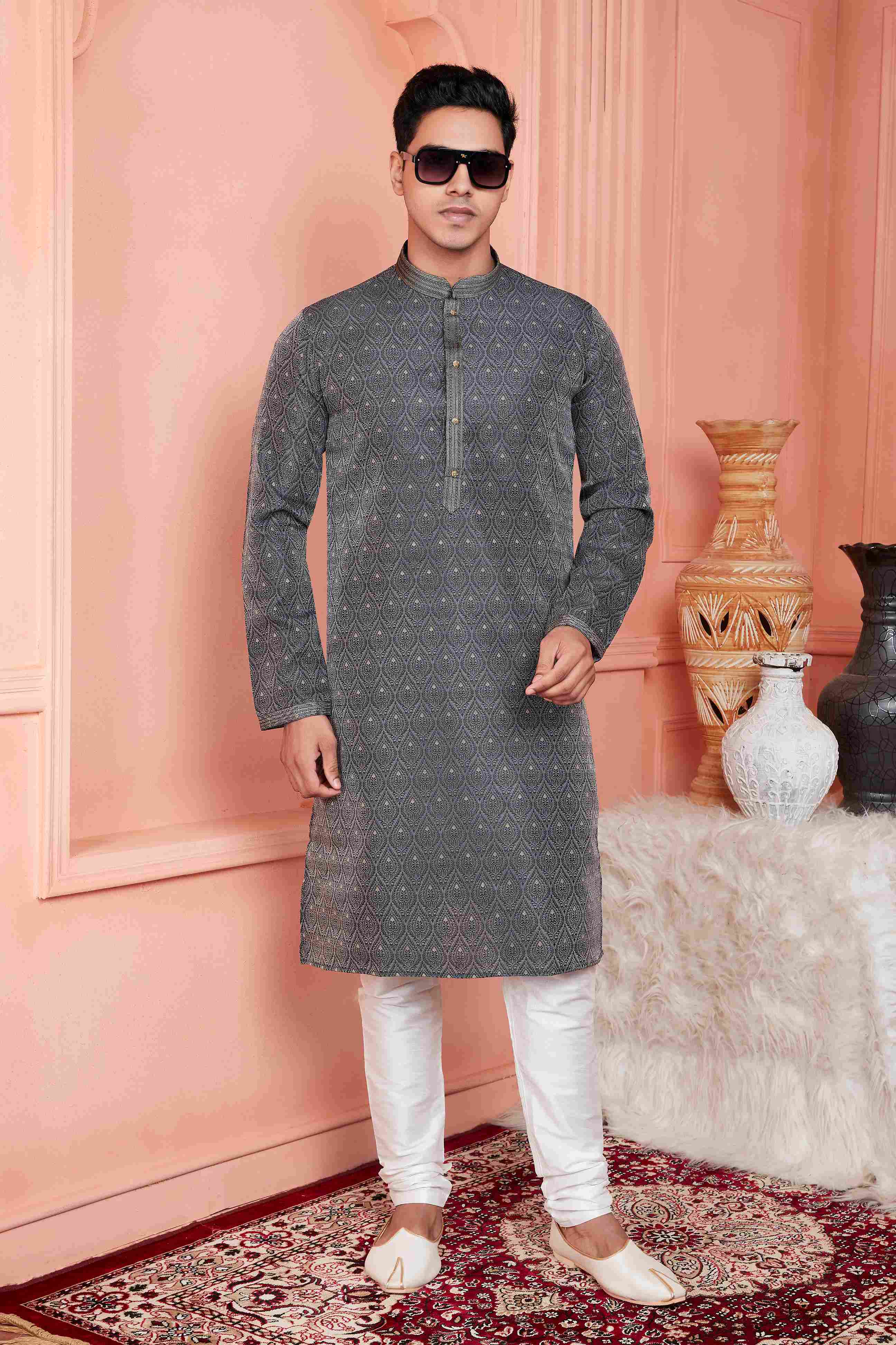 Raivat Ethnic Jacquard Banarasi Silk Pintux Work Kurta Pajama In Grey Colour - Distacart