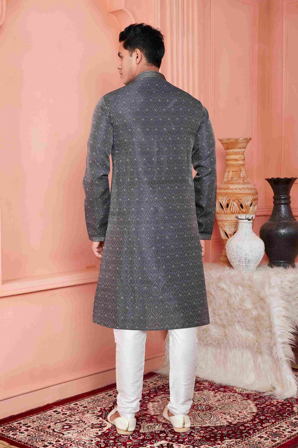 Raivat Ethnic Jacquard Banarasi Silk Pintux Work Kurta Pajama In Grey Colour - Distacart