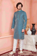 Raivat Ethnic Jacquard Banarasi Silk Pintux Work Kurta Pajama In Teal Blue Colour - Distacart